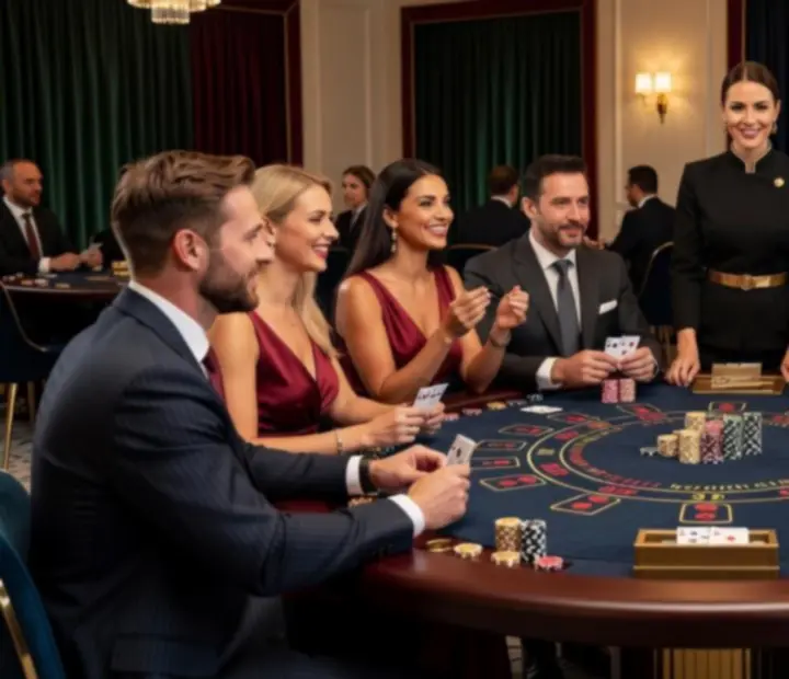 Elegantní blackjackový stůl na večerním eventu s hosty v společenském oblečení