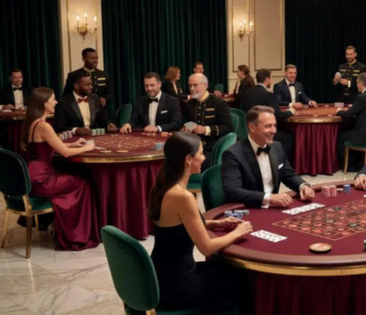 Luxusní večer s herními stoly, elegantními hosty a barevným osvětlením
