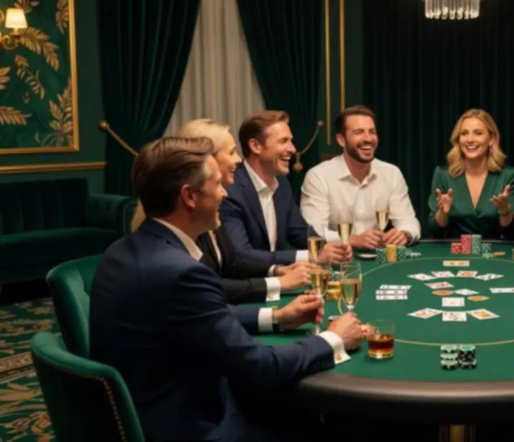 Skupina hostů hrajících poker u stylového stolu