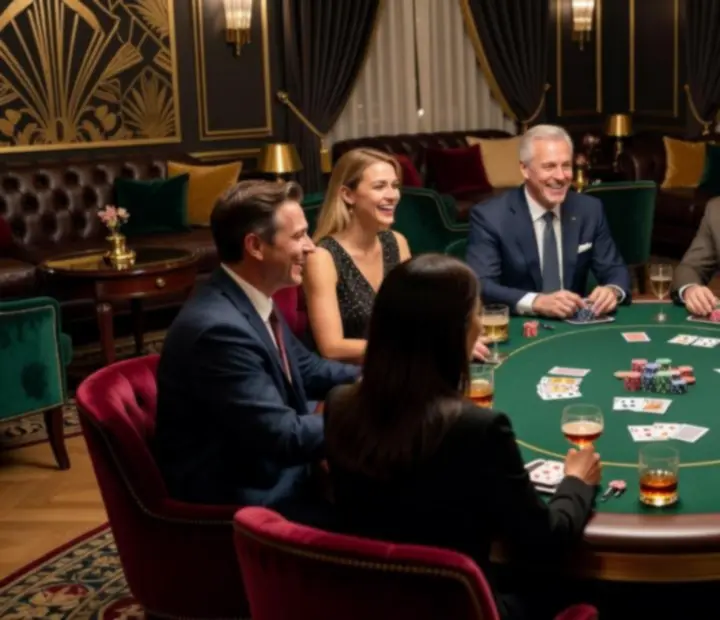 Skupina hostů u pokerového stolu, kteří se smějí a povídají si během společenského večera