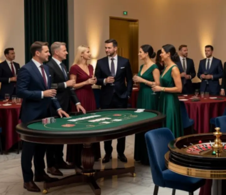 Elegantní společenská akce s herním stolem a hosty