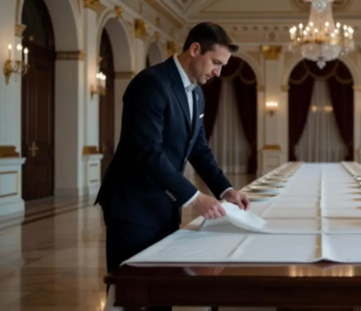 Tým připravující eventový herní stůl v elegantním prostoru