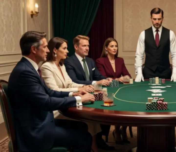 Elegantně nasvícený pokerový stůl s hosty během večerní společenské akce