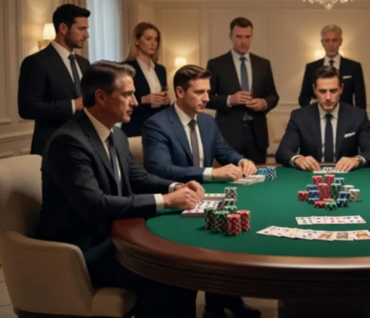 Elegantně nasvícený pokerový stůl s hosty během společenské akce