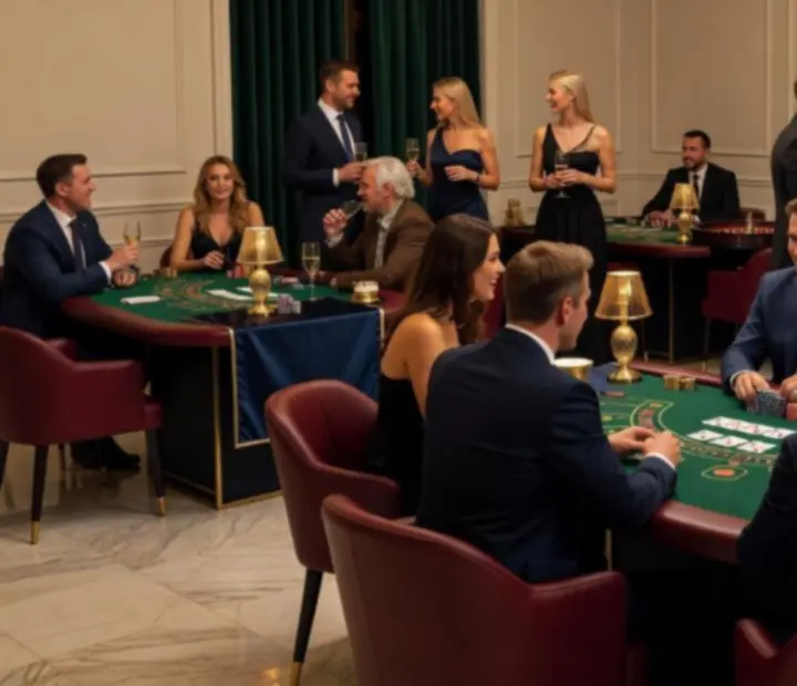 Stylový tematický večer s hosty u herního stolu, decentním osvětlením a společenskou atmosférou